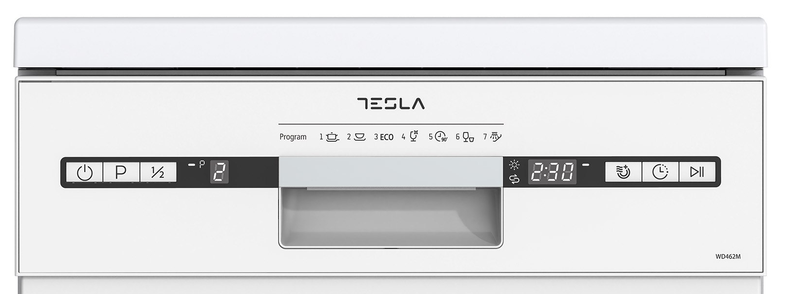 Fehér Tesla mosogatógép vezérlőpultja gombokkal, digitális kijelzővel és program ikonokkal.