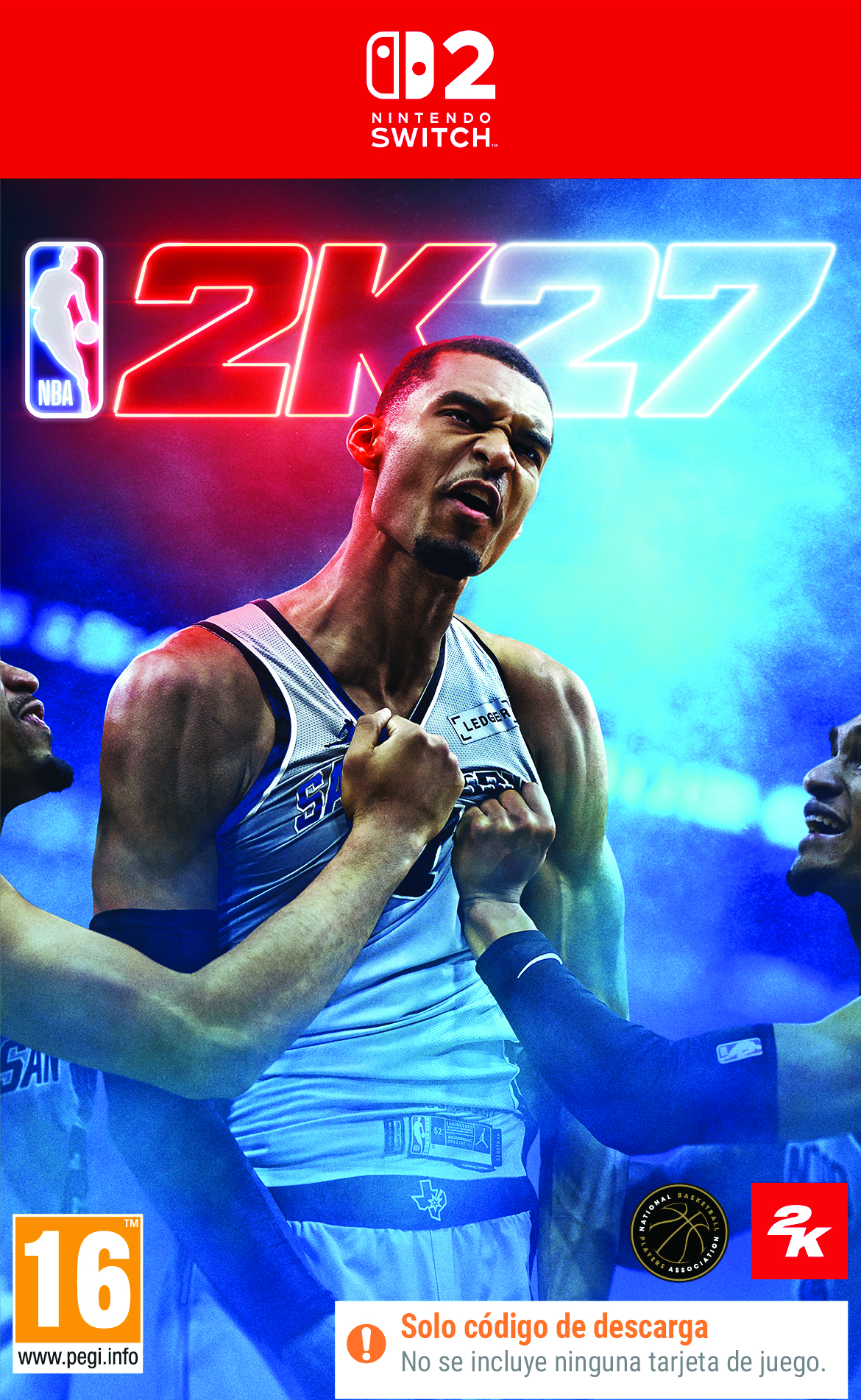 Portada de NBA 2K27 con un jugador de baloncesto intenso con camiseta bajo luces rojas y azules.