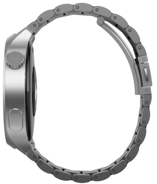 Srebrny smartwatch z okrągłą kopertą i metalową bransoletą z ogniw jest pokazany z boku.