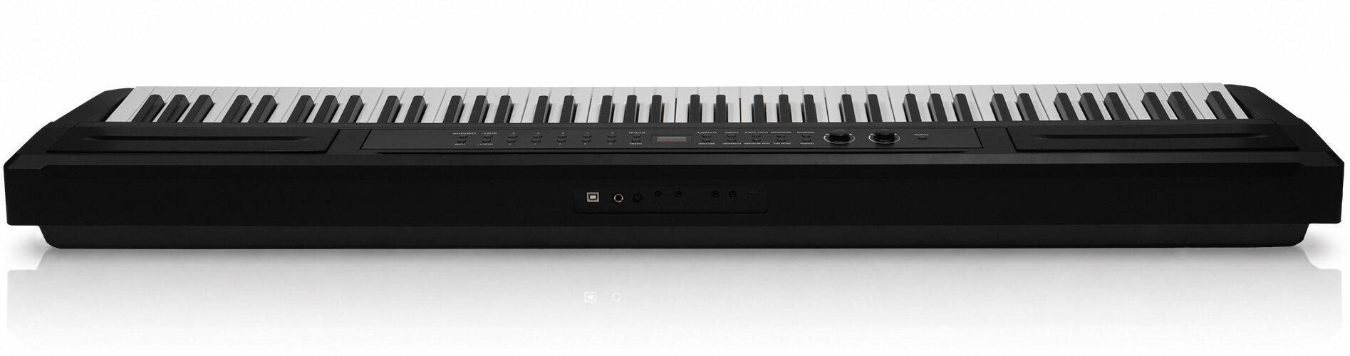 Czarny keyboard elektroniczny z biało-czarnymi klawiszami, przyciskami i portami, na białym tle.