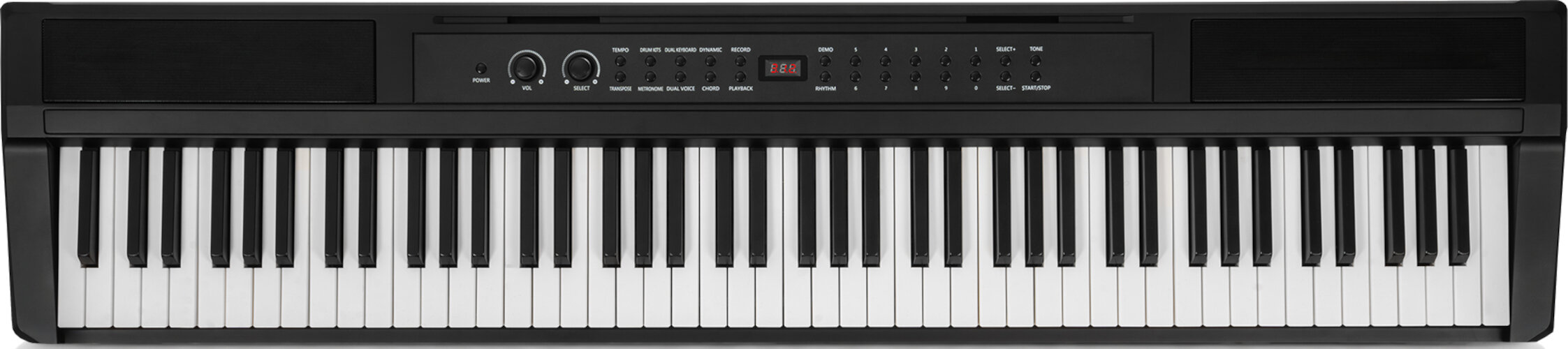 Czarny keyboard elektroniczny z białymi i czarnymi klawiszami oraz przyciskami sterującymi.
