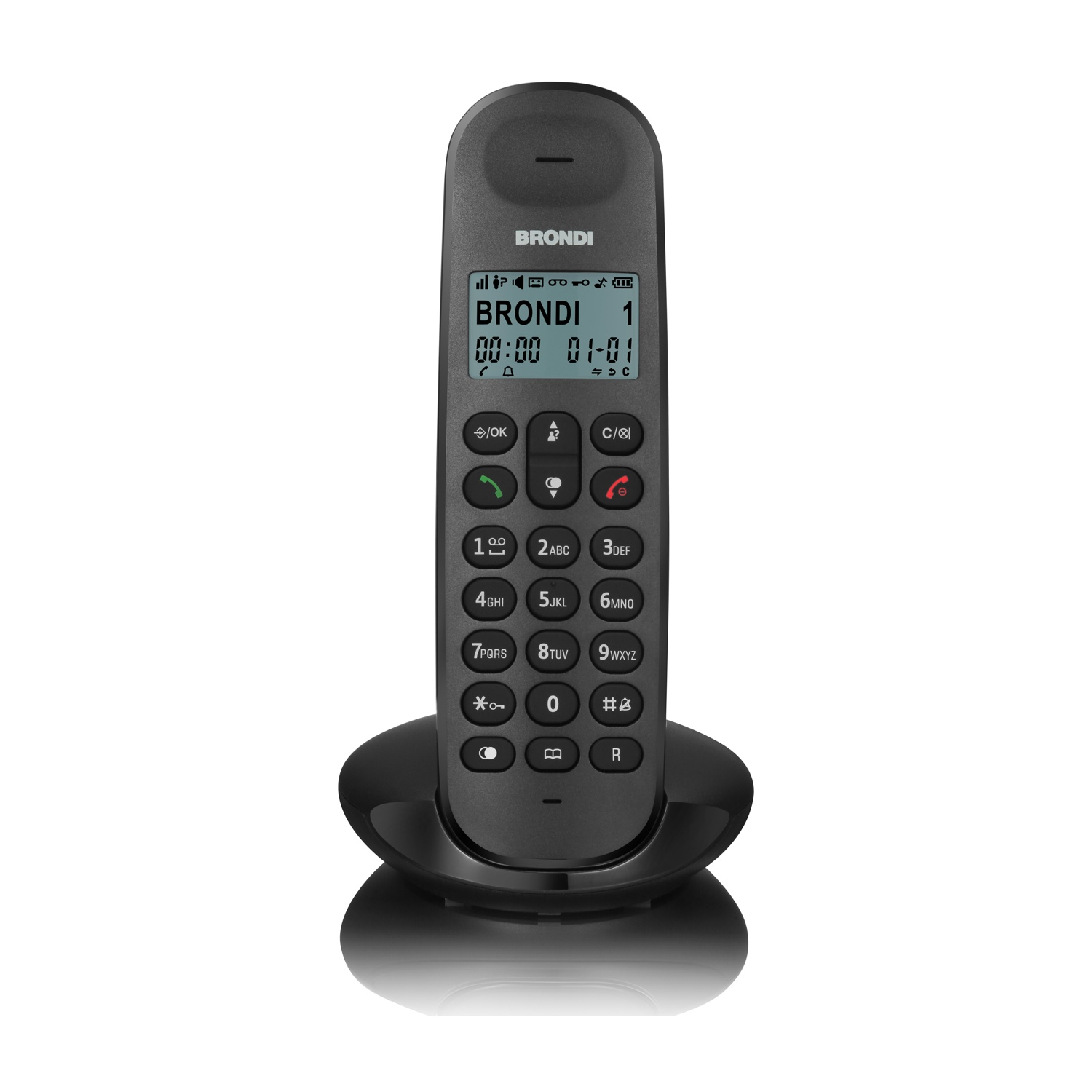 Un telefono cordless Brondi nero è posizionato sulla sua base di carica su sfondo bianco.