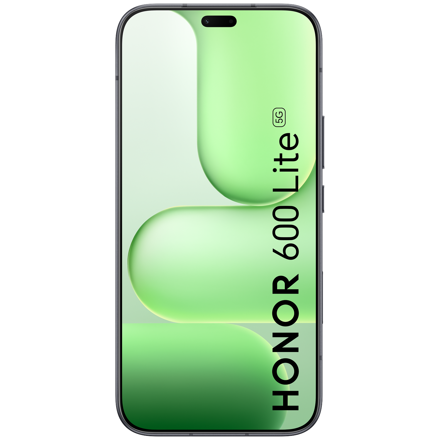 Een smartphone toont een groene abstracte achtergrond met de tekst HONOR 600 Lite 5G.