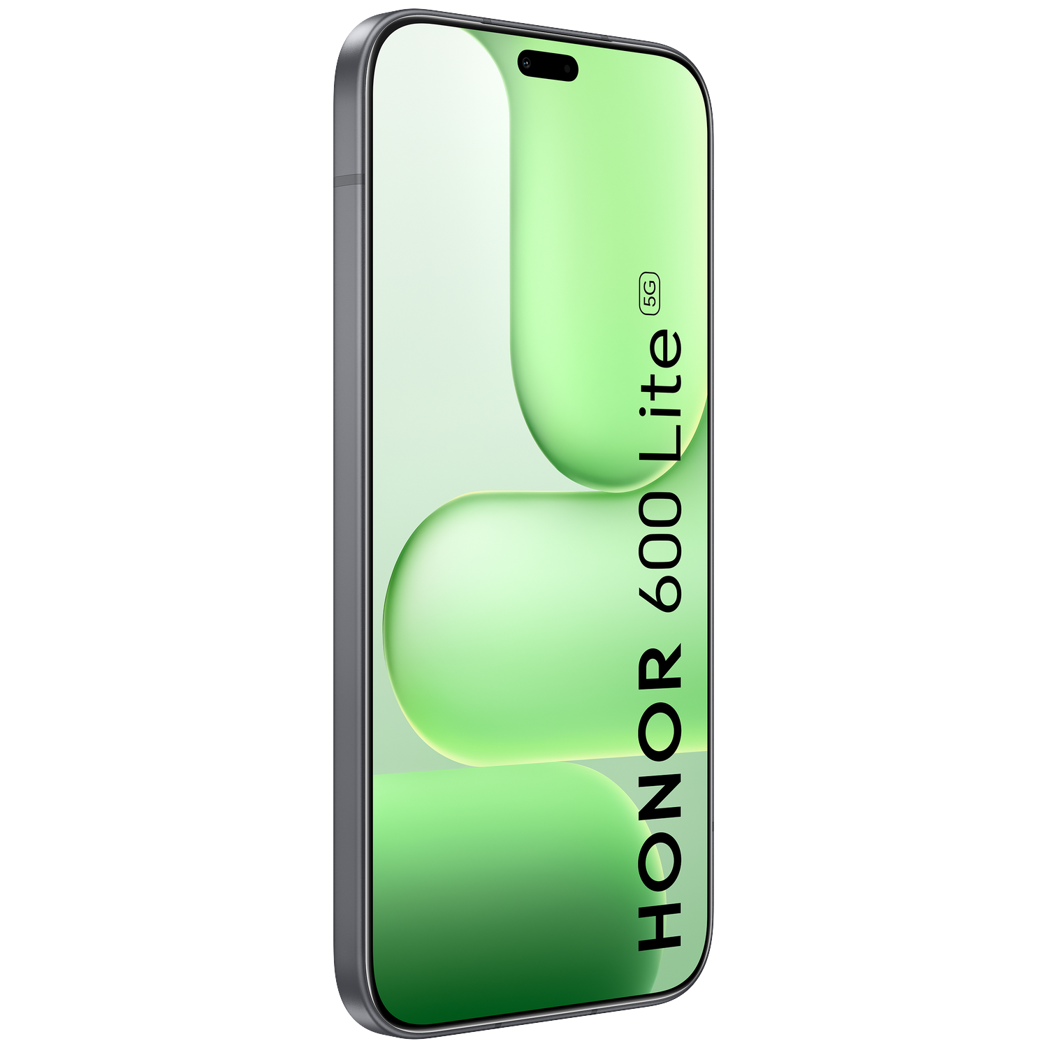 Smartphone op een zwarte achtergrond, scherm met groene vormen en de tekst 'HONOR 600 Lite'.