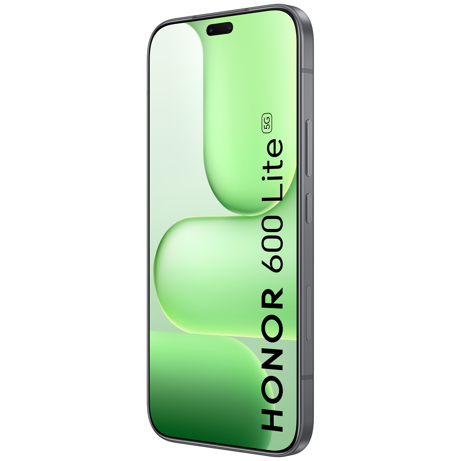 Een smartphone met een groene achtergrond en de tekst Honor 600 Lite 5G op het scherm.
