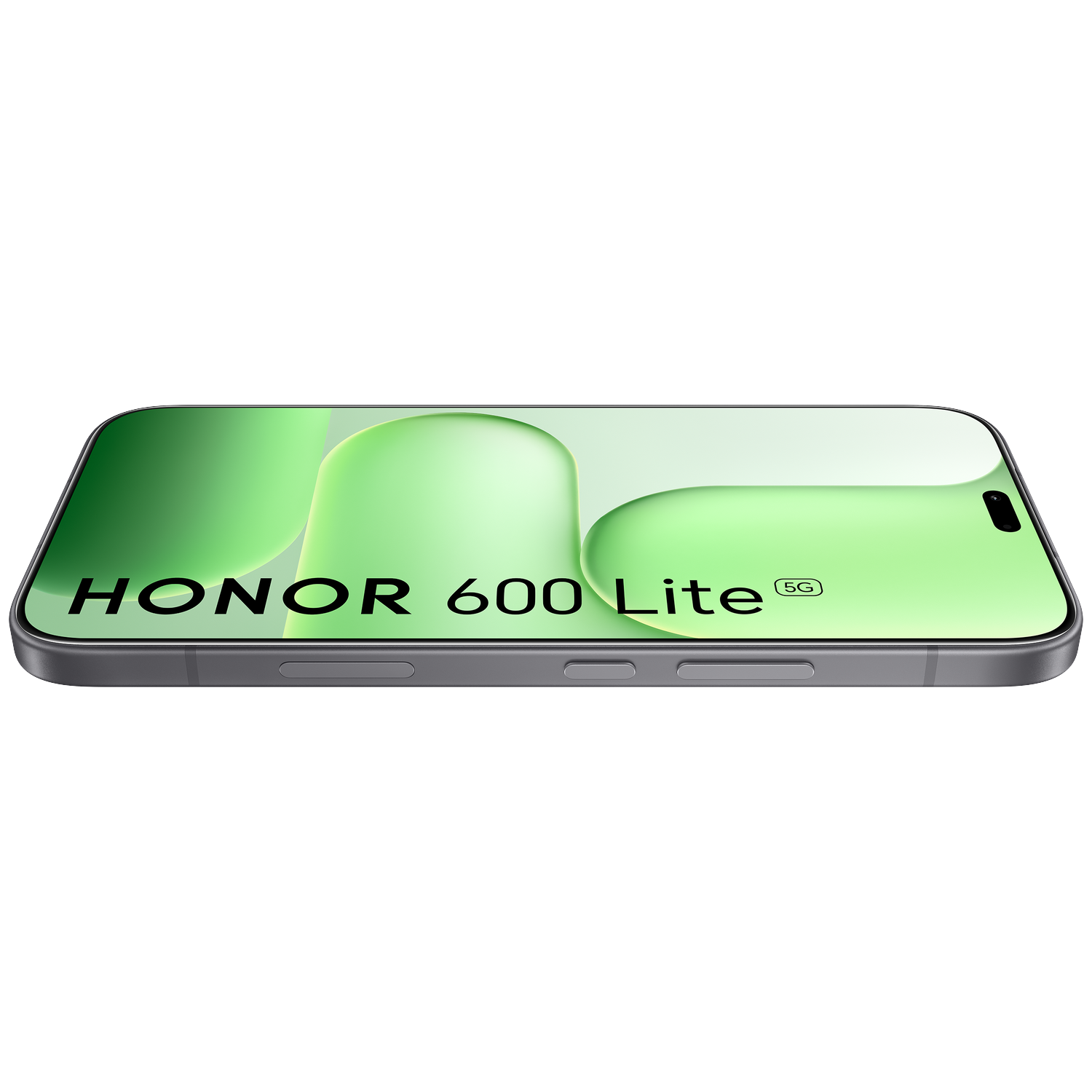 Honor 600 Lite 5G-smartphone op een zwarte achtergrond met een groen abstract behang.