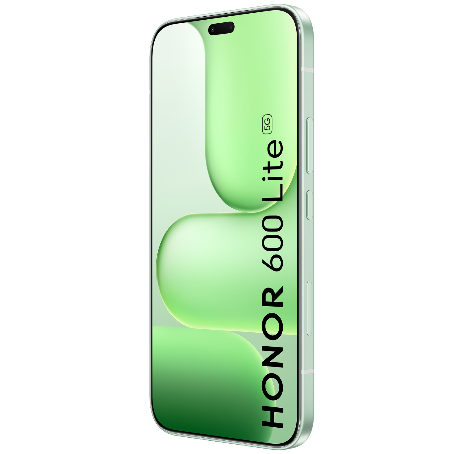 Een lichtgroene Honor 600 Lite smartphone met een groen abstract wallpaper op het scherm tegen een zwarte achtergrond.