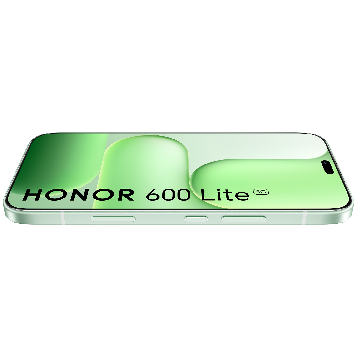 Honor 600 Lite 5G smartphone op zwarte achtergrond met groene abstracte vormen en de tekst HONOR 600 Lite 5G.