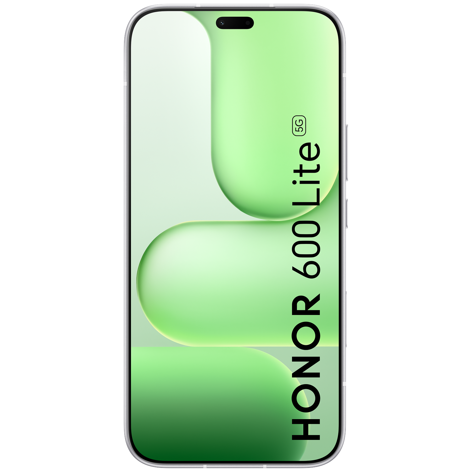 Een smartphone toont een groene abstracte achtergrond en de tekst "HONOR 600 Lite 5G" verticaal op het scherm.