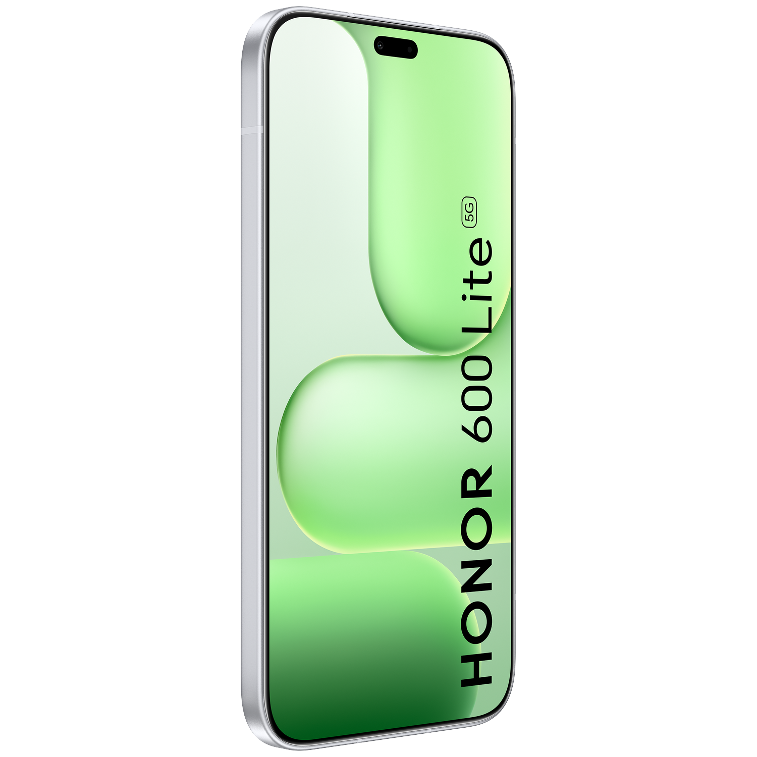 Een zilveren smartphone toont een groen scherm met de tekst HONOR 600 Lite 5G tegen een zwarte achtergrond.