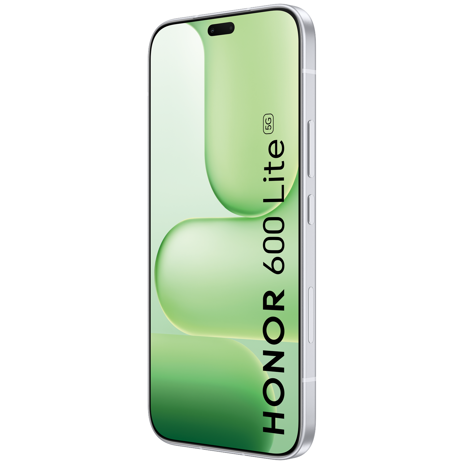 Een zilveren smartphone met lichtgroen scherm met Honor 600 Lite 5G tegen een zwarte achtergrond.
