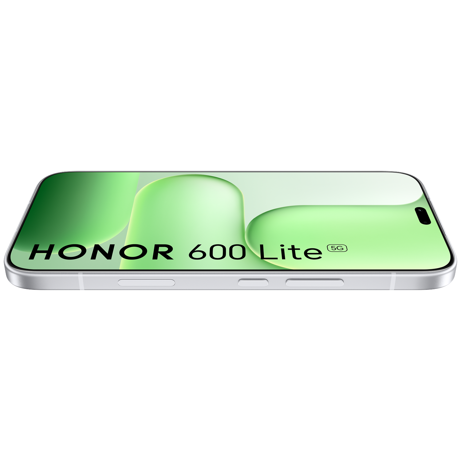 Een witte HONOR 600 Lite 5G smartphone ligt horizontaal op een zwarte achtergrond met een groen scherm.