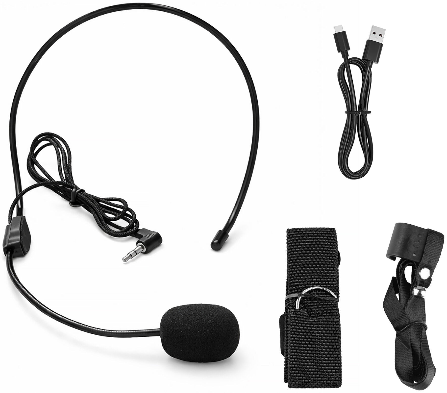 Czarny zestaw słuchawkowy z mikrofonem, kablem USB, paskiem i klipsem na białym tle.