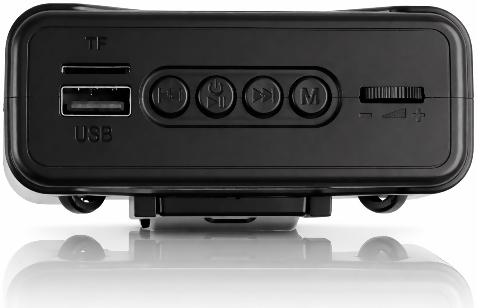 Czarny panel sterowania z portami TF i USB, okrągłymi przyciskami i pokrętłem głośności na białym tle.
