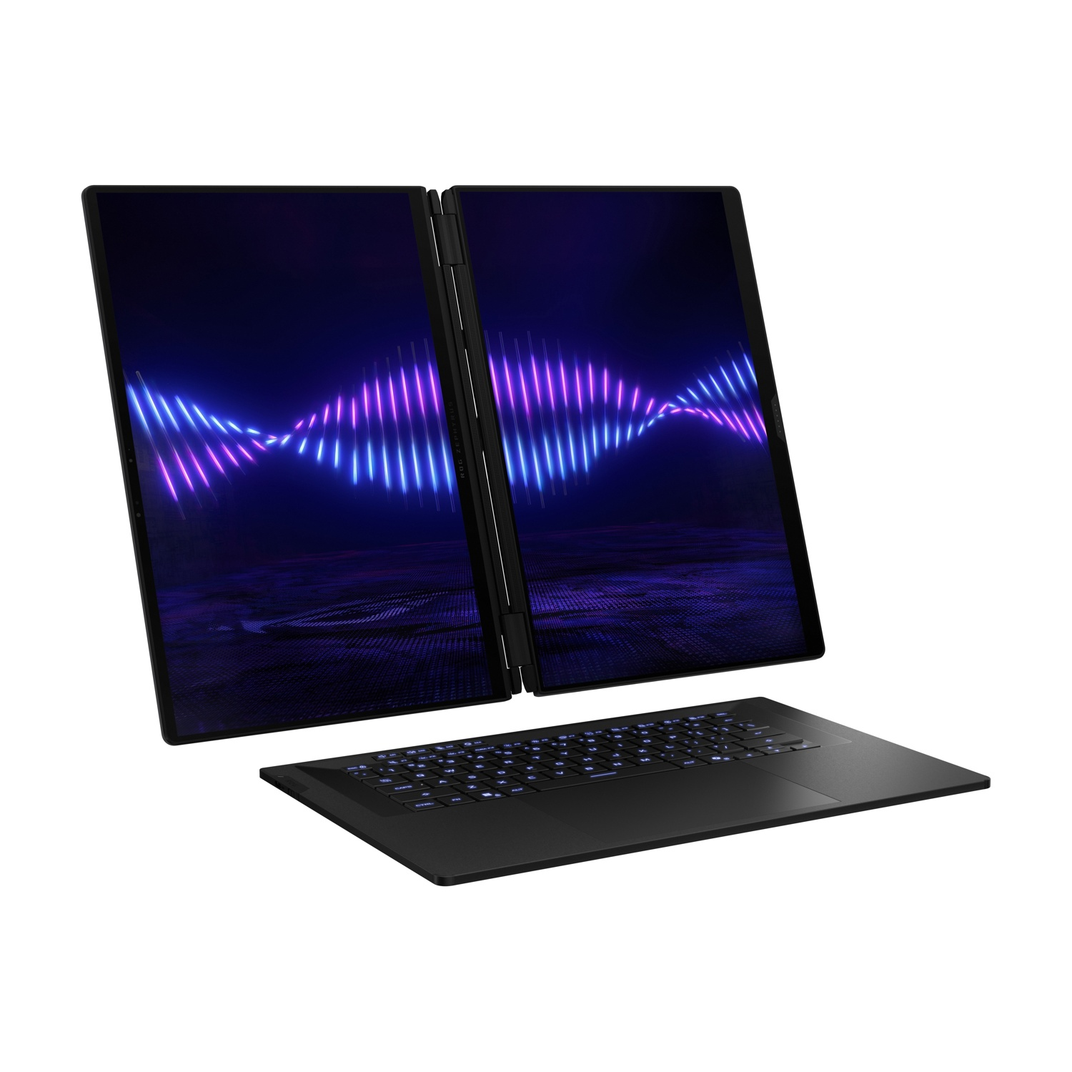 Un computer portatile nero con due schermi verticali e una tastiera separata di fronte.