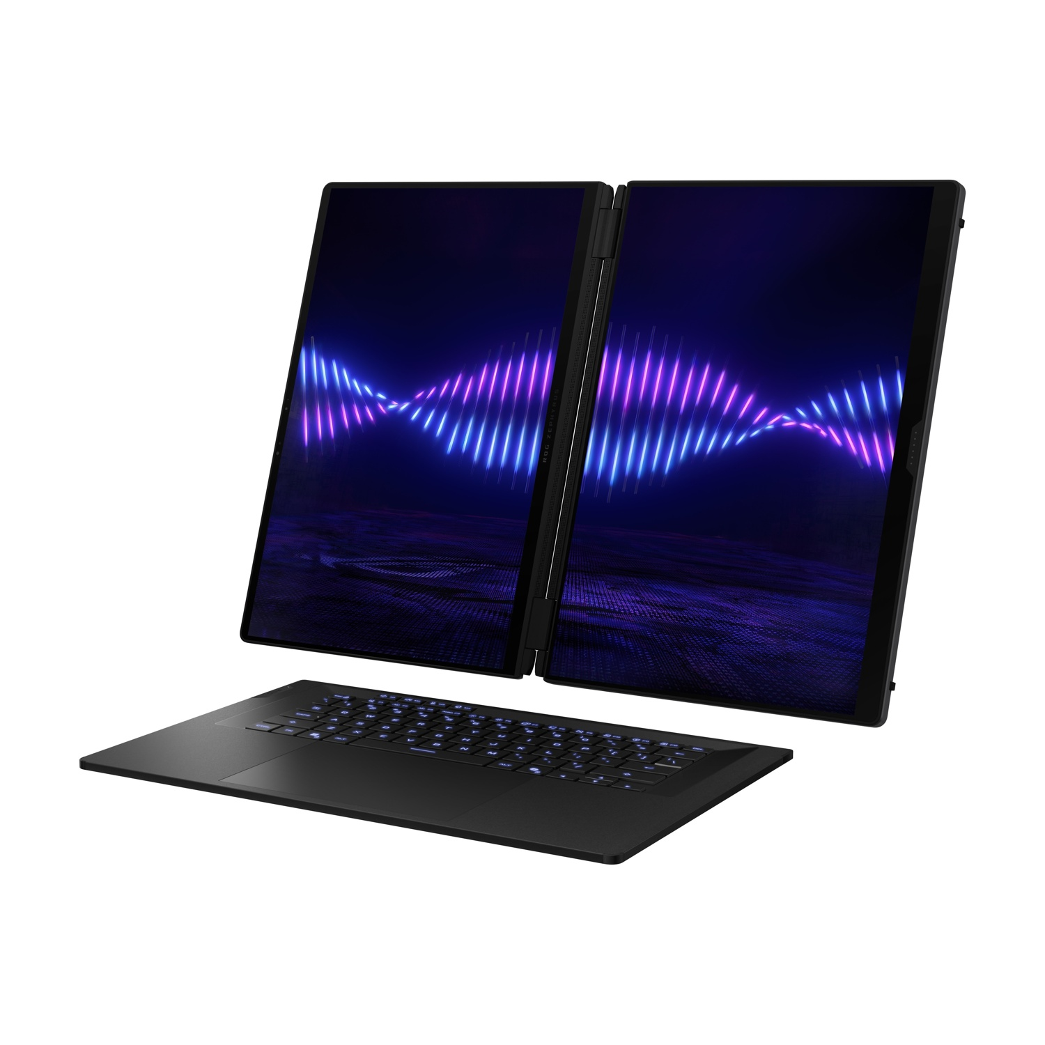 Un computer portatile nero con due schermi verticali e una tastiera staccata su sfondo bianco.