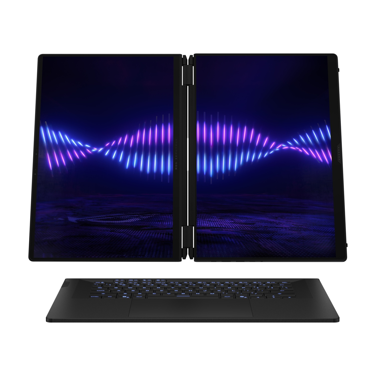 Un laptop nero a doppio schermo verticale e tastiera separata su sfondo grafico blu luminoso.