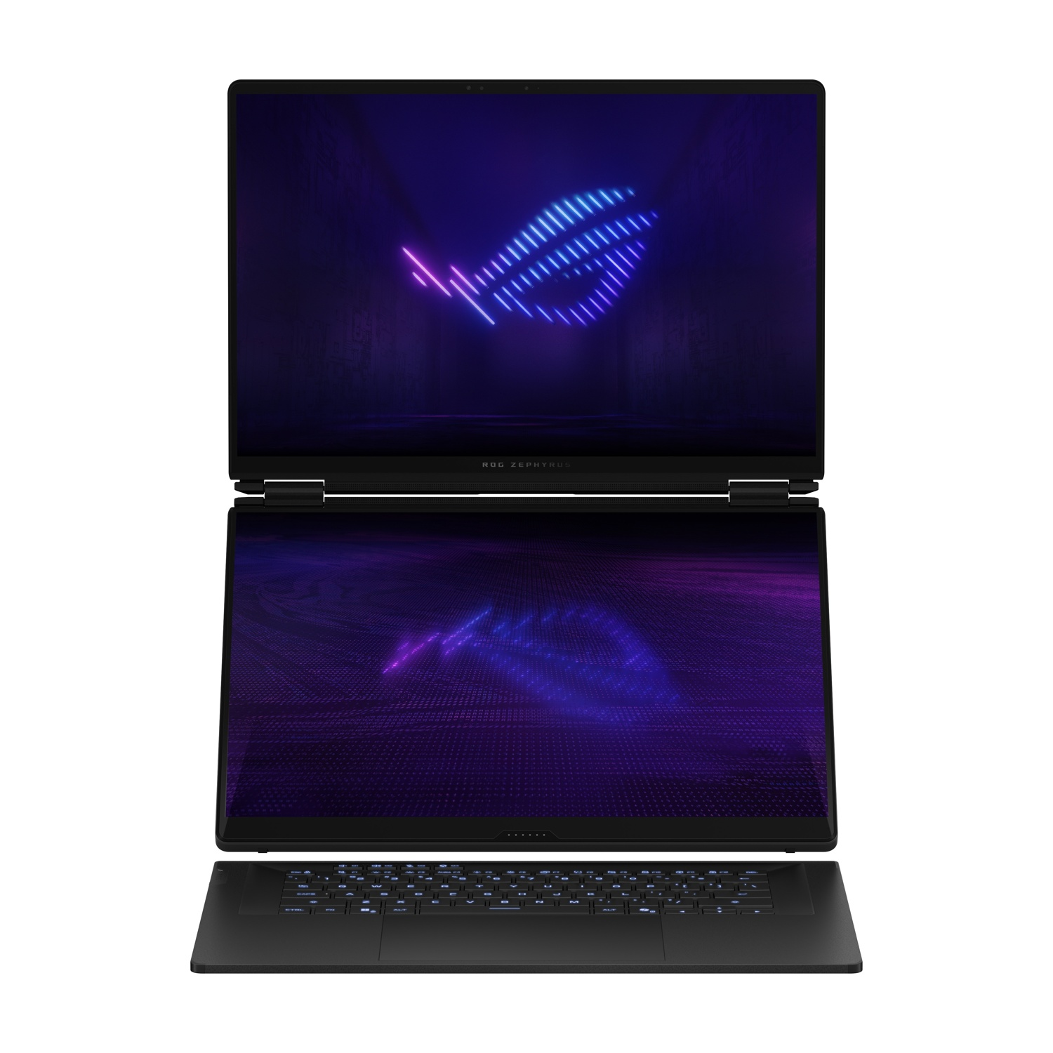 Un laptop da gioco nero a doppio schermo con logo ROG luminoso viola e blu.
