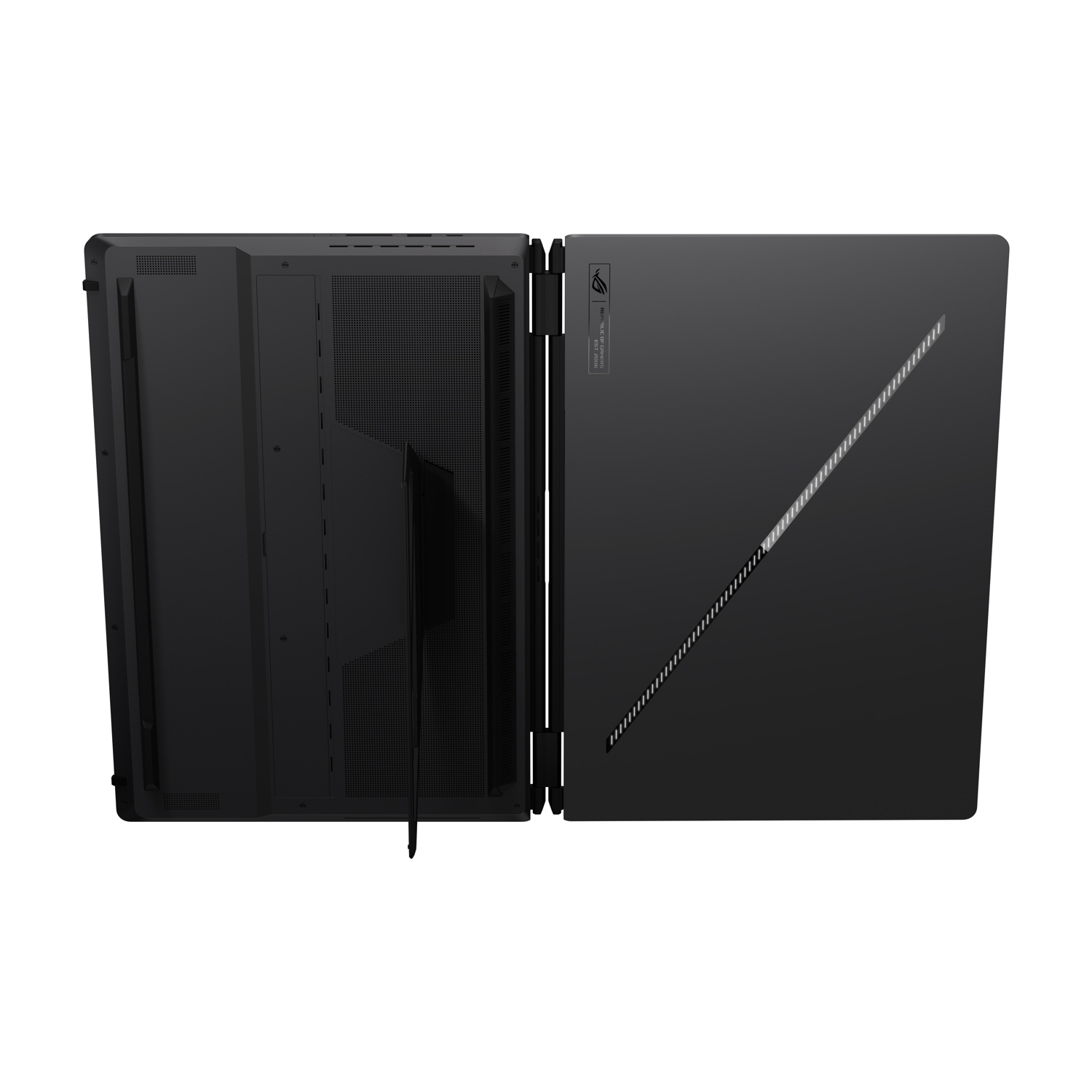 Vista posteriore di un laptop Asus ROG nero con cavalletto aperto e striscia diagonale.