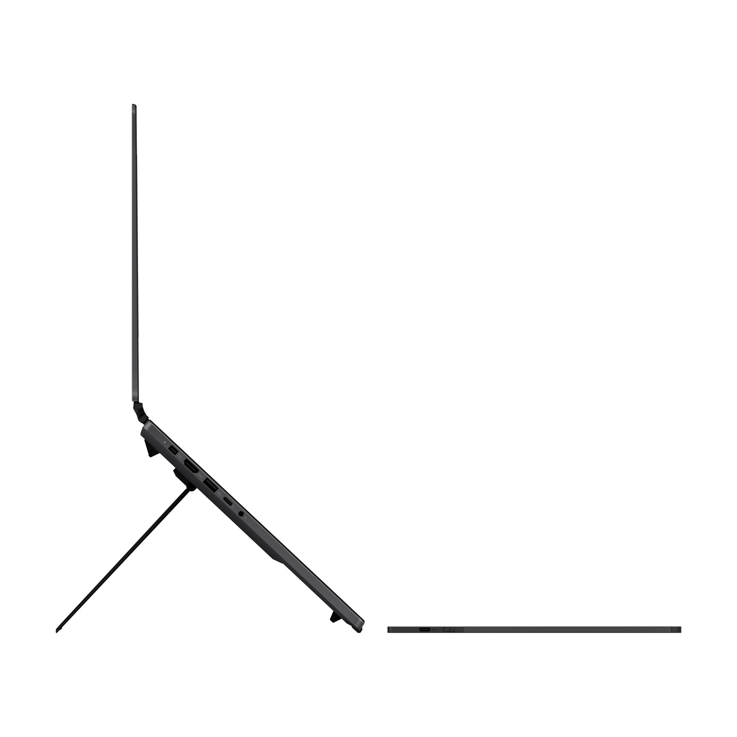 Vista laterale di un laptop sottile con supporto su superficie bianca.