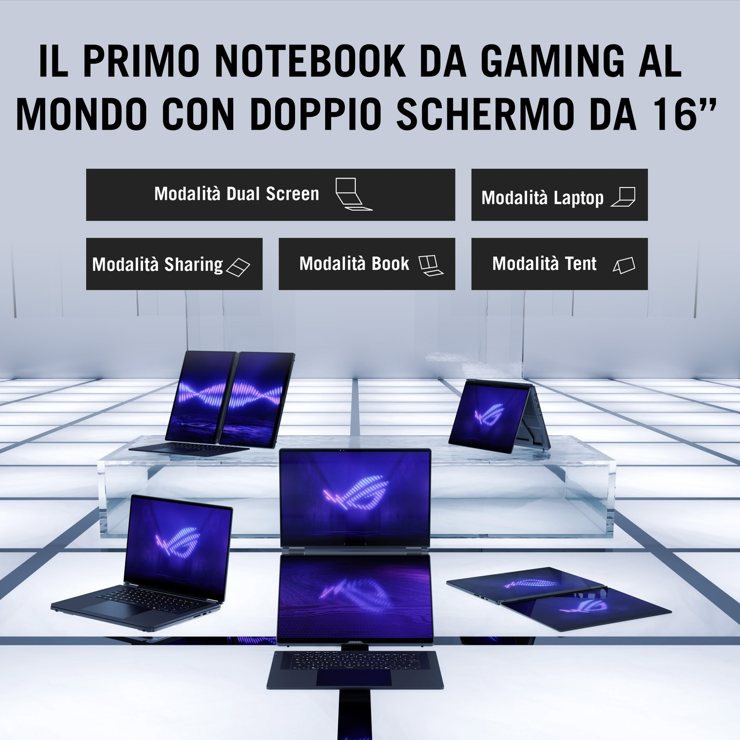 Varie modalità di un notebook da gaming a doppio schermo su una piattaforma lucida.