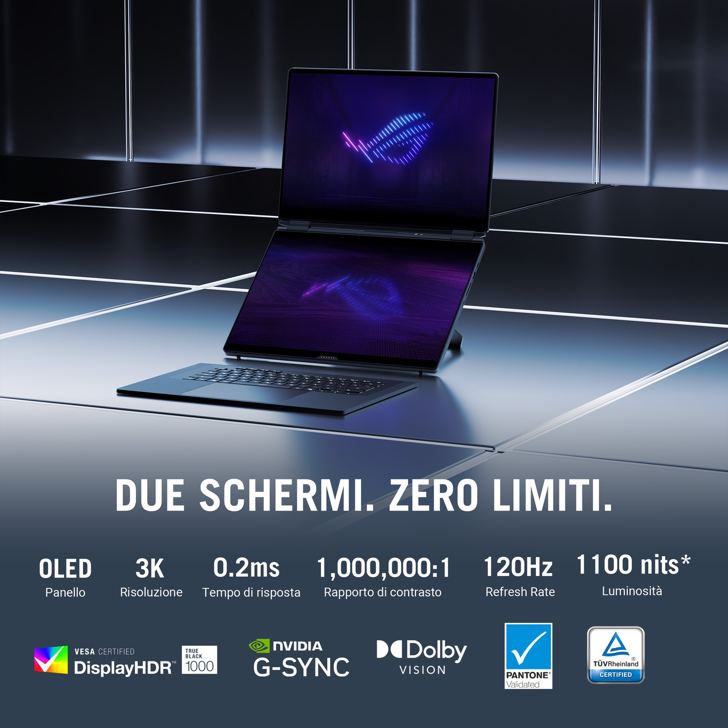 Un laptop ROG a doppio schermo con display OLED, risoluzione 3K, 120Hz e Nvidia G-Sync.