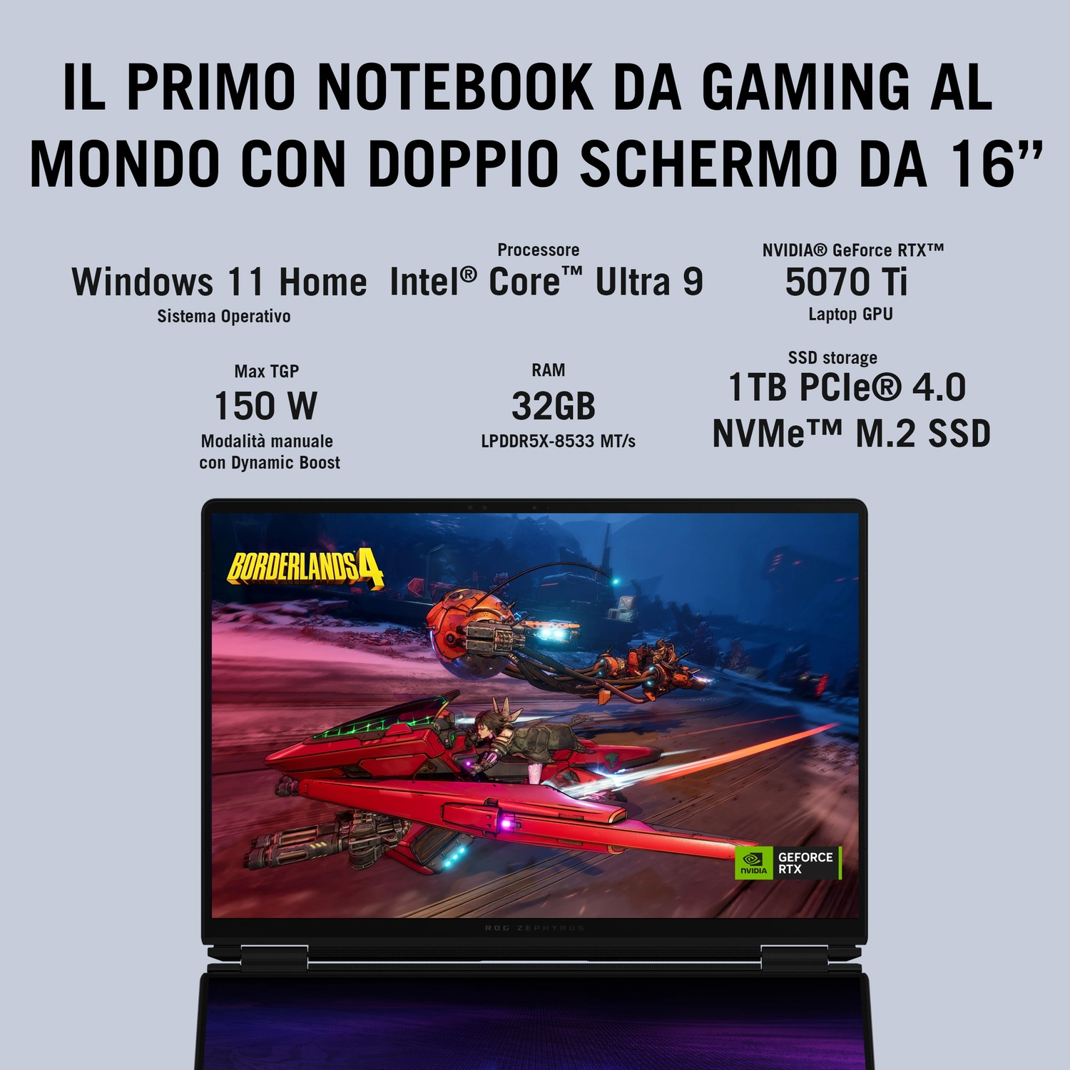 Notebook da gaming con doppio schermo da 16 pollici e specifiche tra cui Intel Core Ultra 9 e GeForce RTX 5070 Ti.