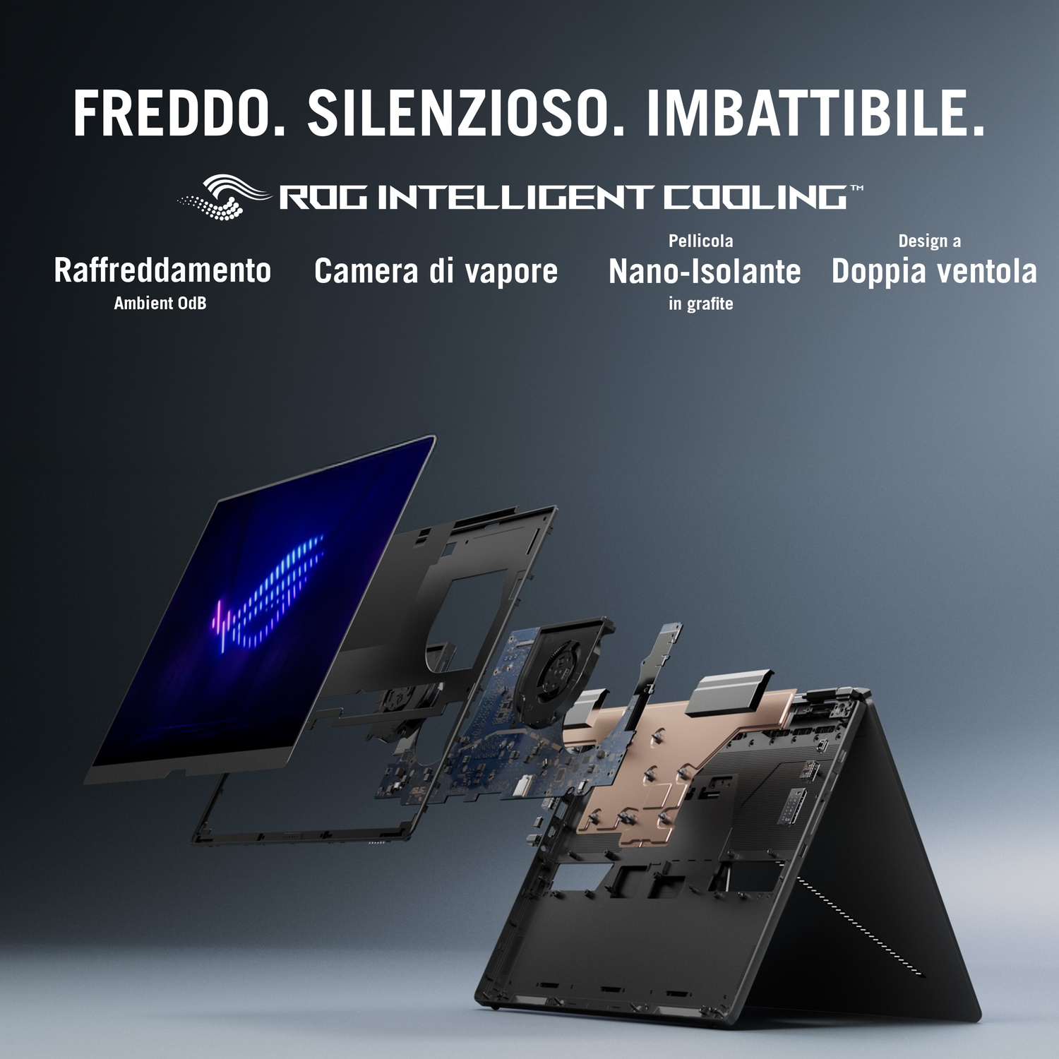 Vista esplosa di un laptop ROG che mostra i componenti del sistema di raffreddamento su sfondo grigio.