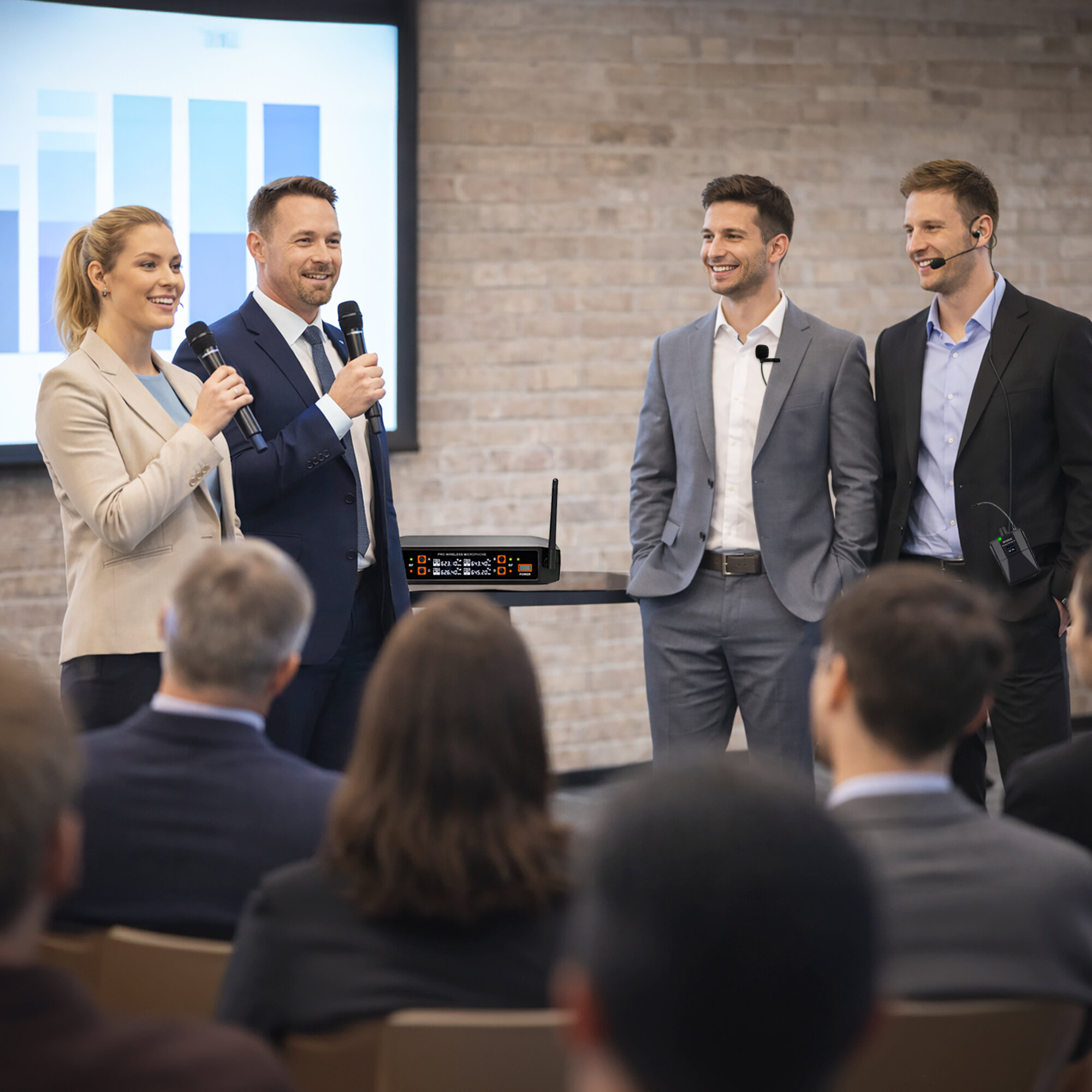 Cztery osoby stoją i prezentują przed publicznością w sali konferencyjnej.
