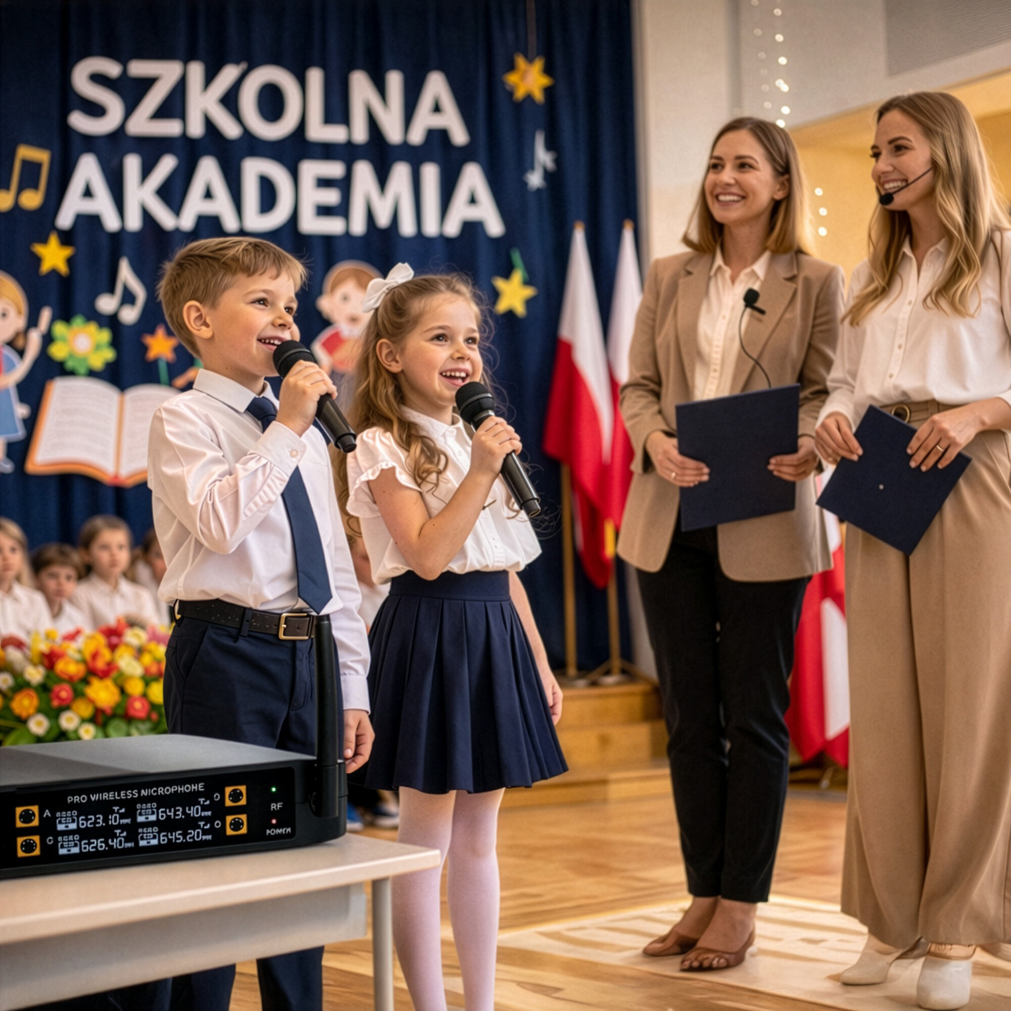 Dwoje dzieci śpiewa do mikrofonów na scenie, podczas gdy dwie kobiety patrzą.