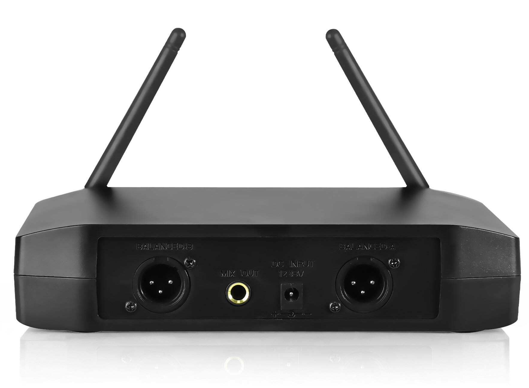 Widok z tyłu czarnego urządzenia audio z dwiema antenami, portami XLR i jack na białym tle.