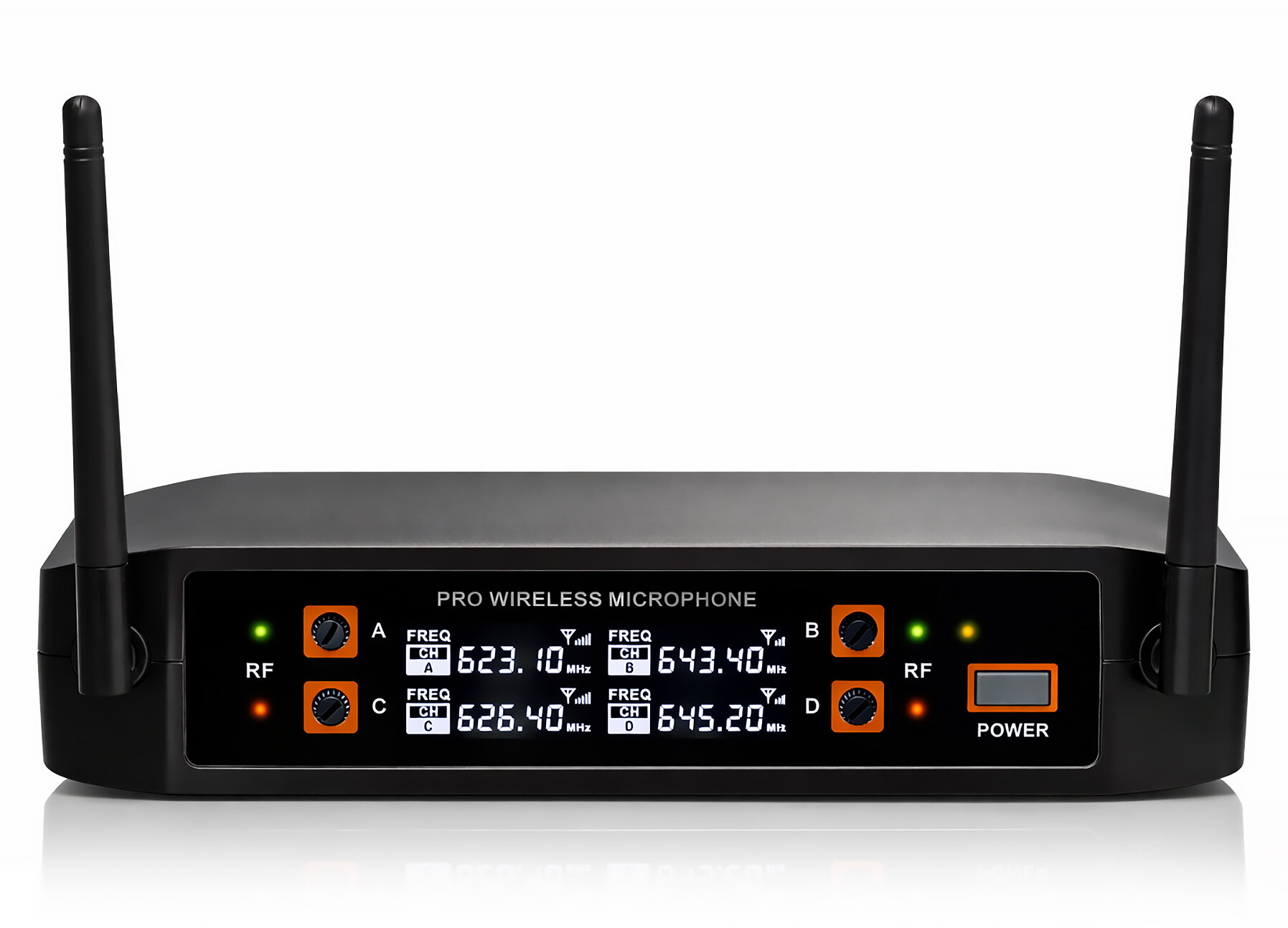 Czarny odbiornik mikrofonu Pro Wireless z dwiema antenami i wyświetlaczami LCD.