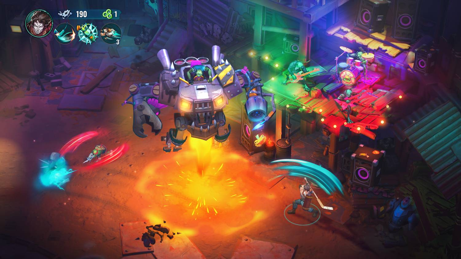 Un videojuego de acción muestra un mecha grande, explosiones y personajes luchando en un escenario iluminado.