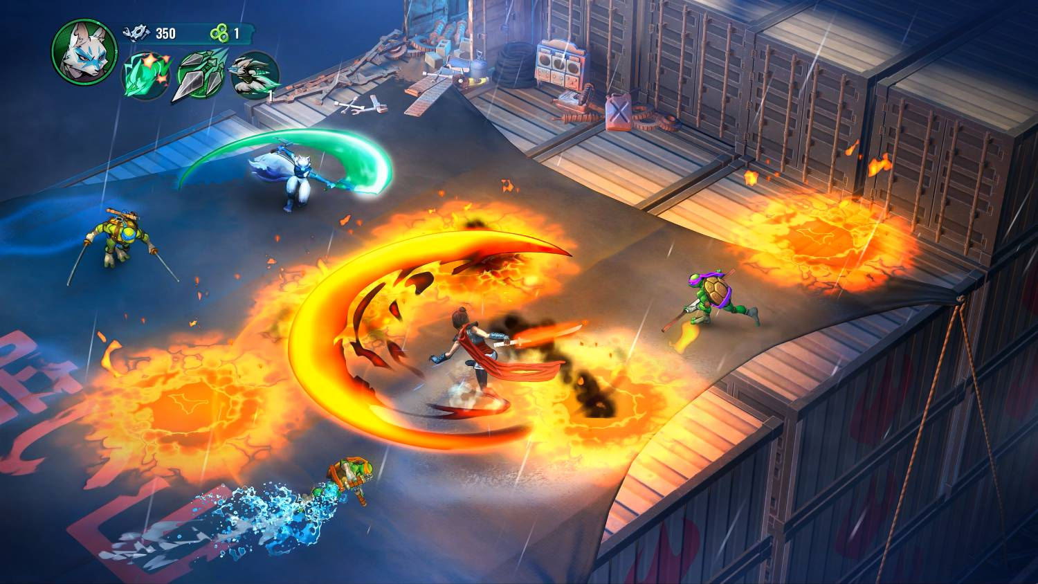Escena de videojuego de acción con personajes luchando en un tejado rodeados de fuego y energía.