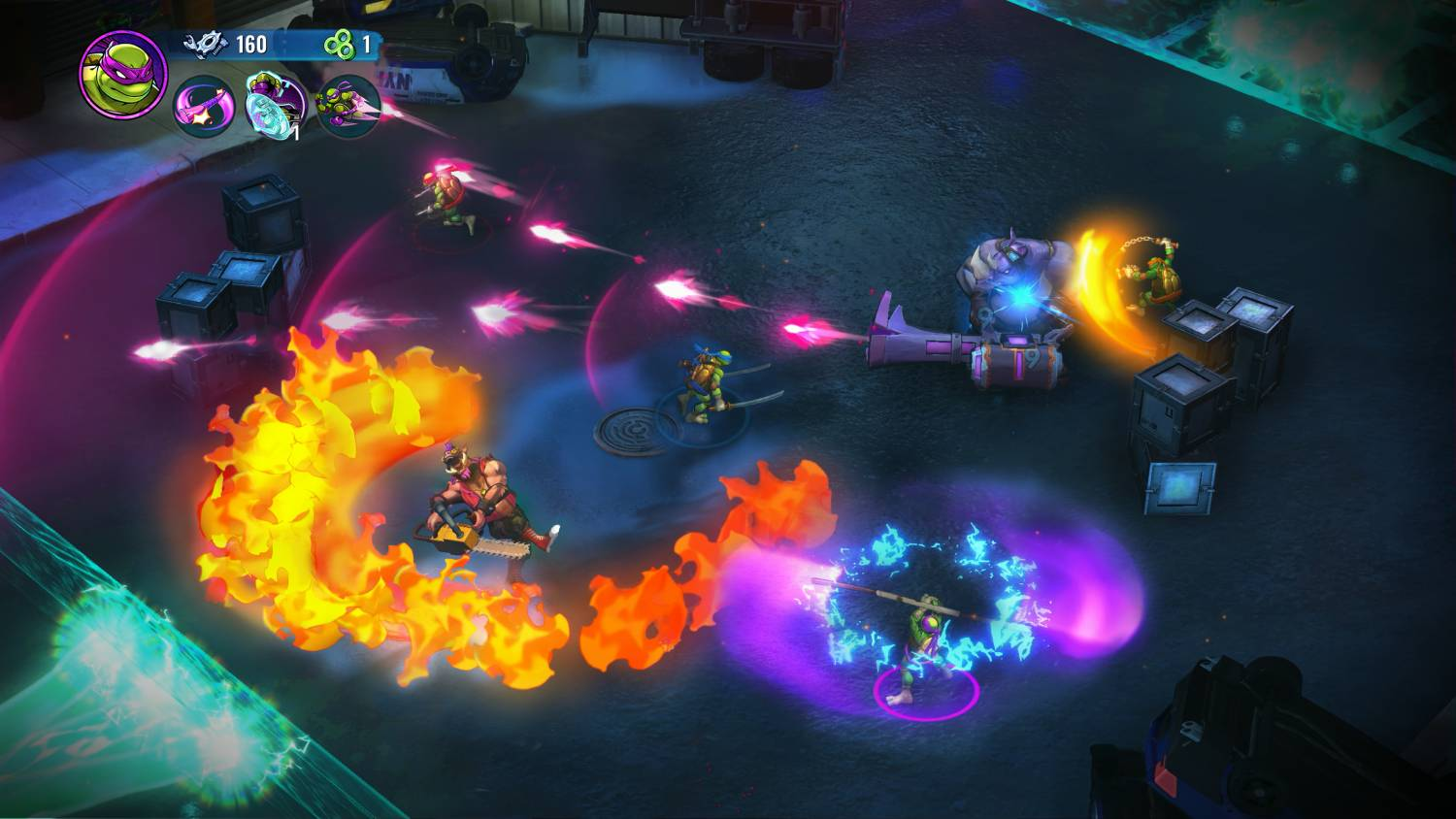 Escena de videojuego cenital con personajes de las Tortugas luchando en una ciudad nocturna con coloridos efectos.