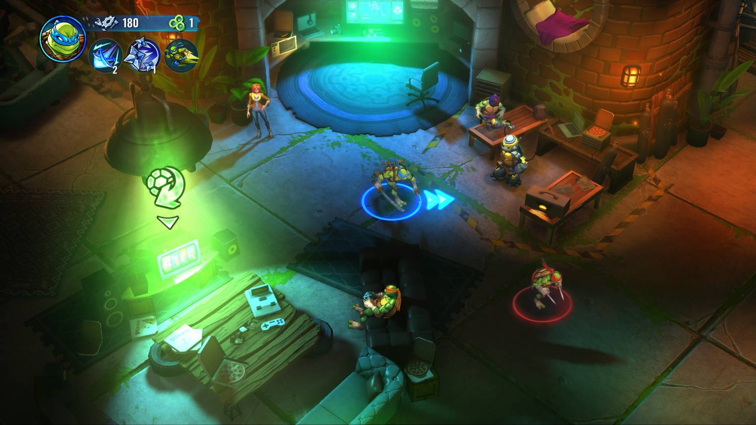 La vista superior del juego muestra personajes mutantes verdes en una habitación subterránea con computadoras.