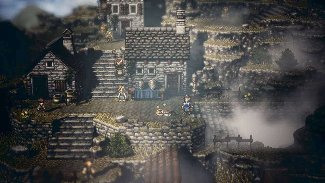 Pueblo RPG pixelado con casas de piedra, escaleras y personajes en la niebla.