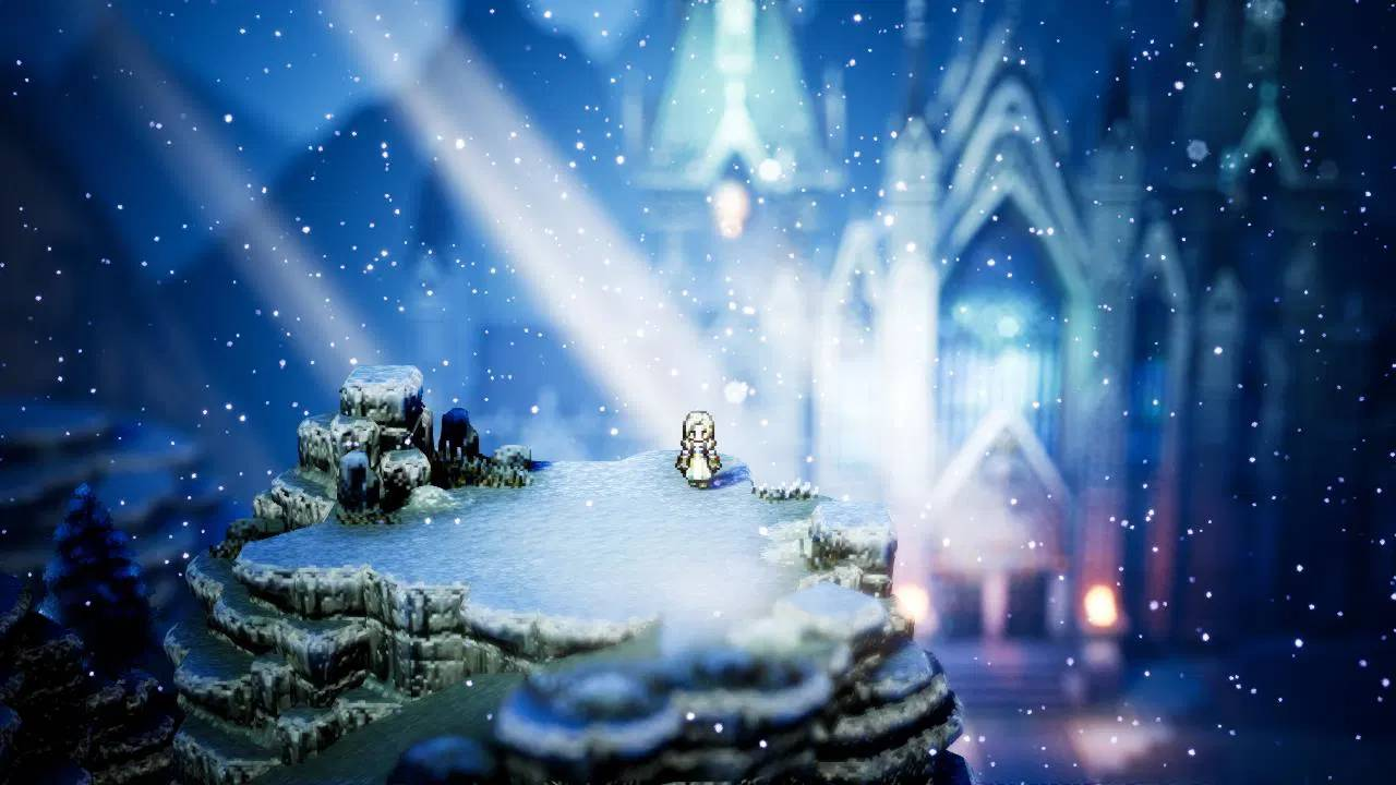 Una pequeña figura se encuentra en un acantilado nevado mientras cae nieve y una luz brillante brilla sobre ella.