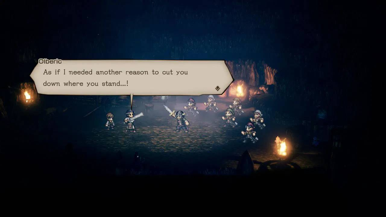 Escena RPG de pixel art con un cuadro de diálogo que muestra a Olberic hablando en una cueva oscura.