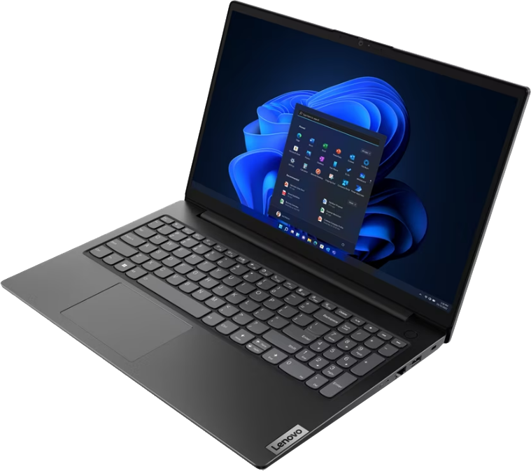 Egy szürke Lenovo laptop fekete háttérrel mutatja a Windows asztalt nyitott Start menüvel.