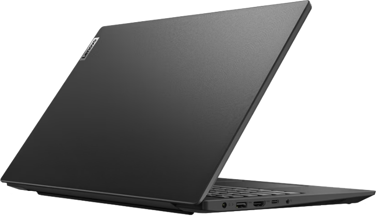 Egy szürke Lenovo laptop fekete háttéren, oldalra döntve, látszanak a portok és a márkás sarok.