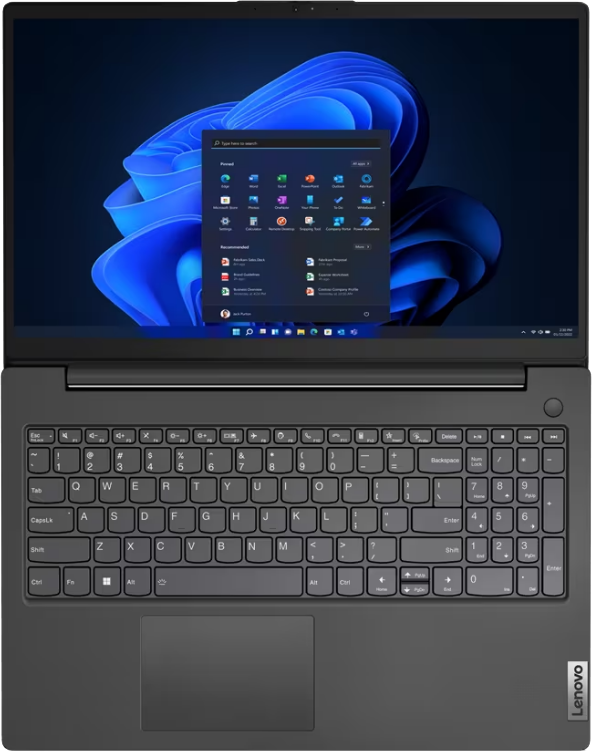 Lenovo laptop Windows 11 asztallal és nyitott Start menüvel.