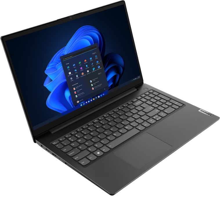 Egy szürke Lenovo laptop fekete háttéren mutatja a Windows 11 kezdőképernyőjét.