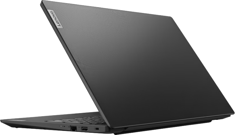 Fekete színű, zárt Lenovo laptop, hátoldali átlós szögből fényképezve, fekete háttérrel.