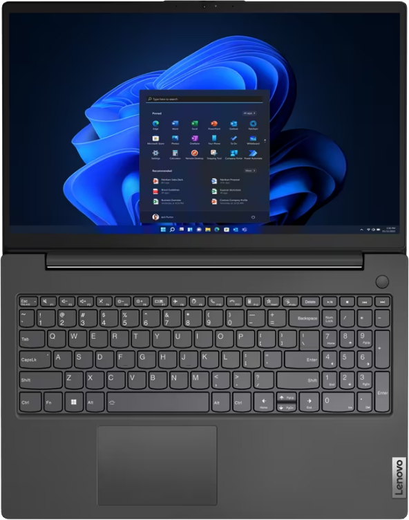 Egy Lenovo laptop, amely a Windows 11 Start menüjét mutatja kék háttérképen.