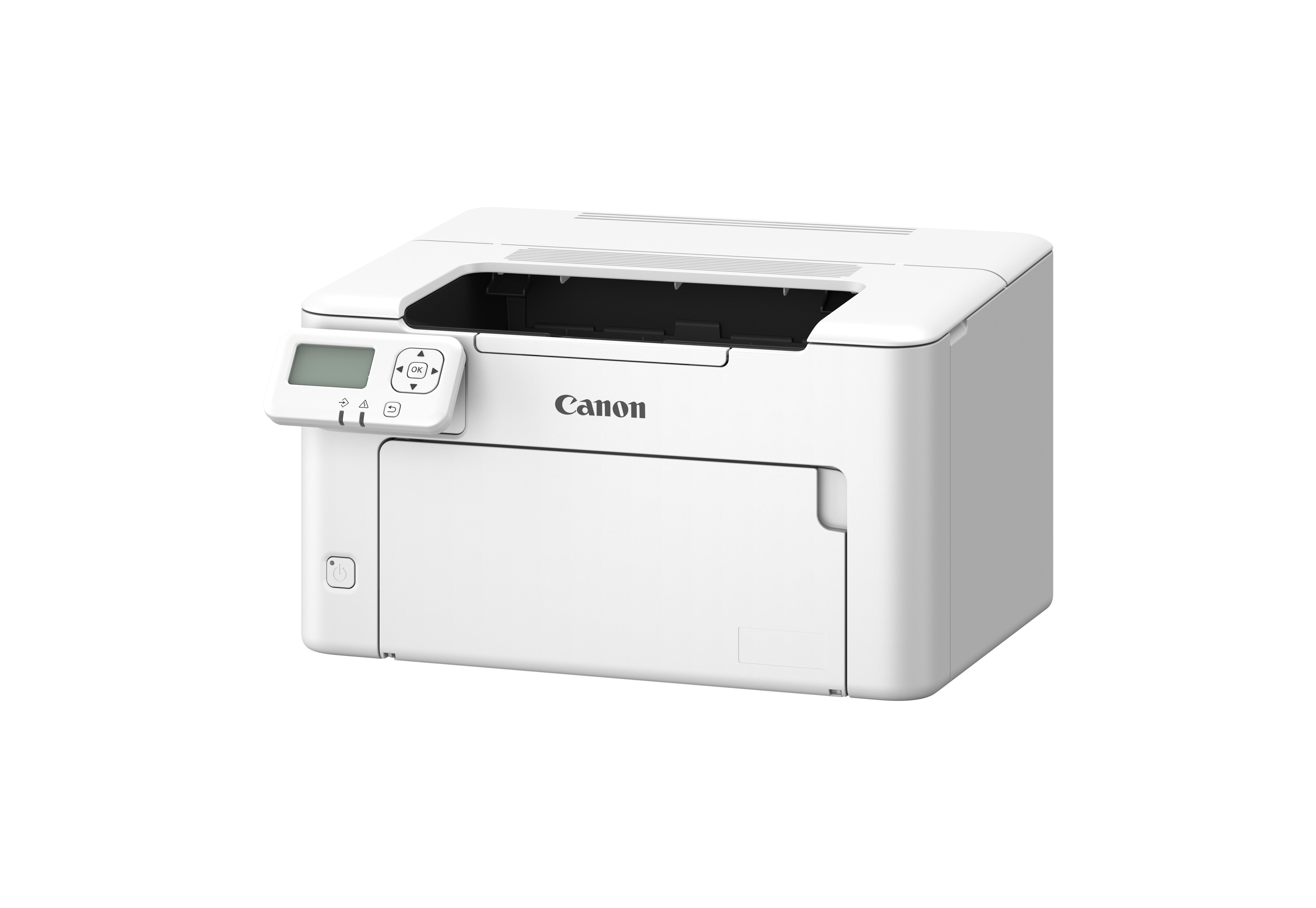 Ein weißer Canon-Laserdrucker mit einem kleinen Display und Bedienfeld auf der linken Seite vor weißem Hintergrund.