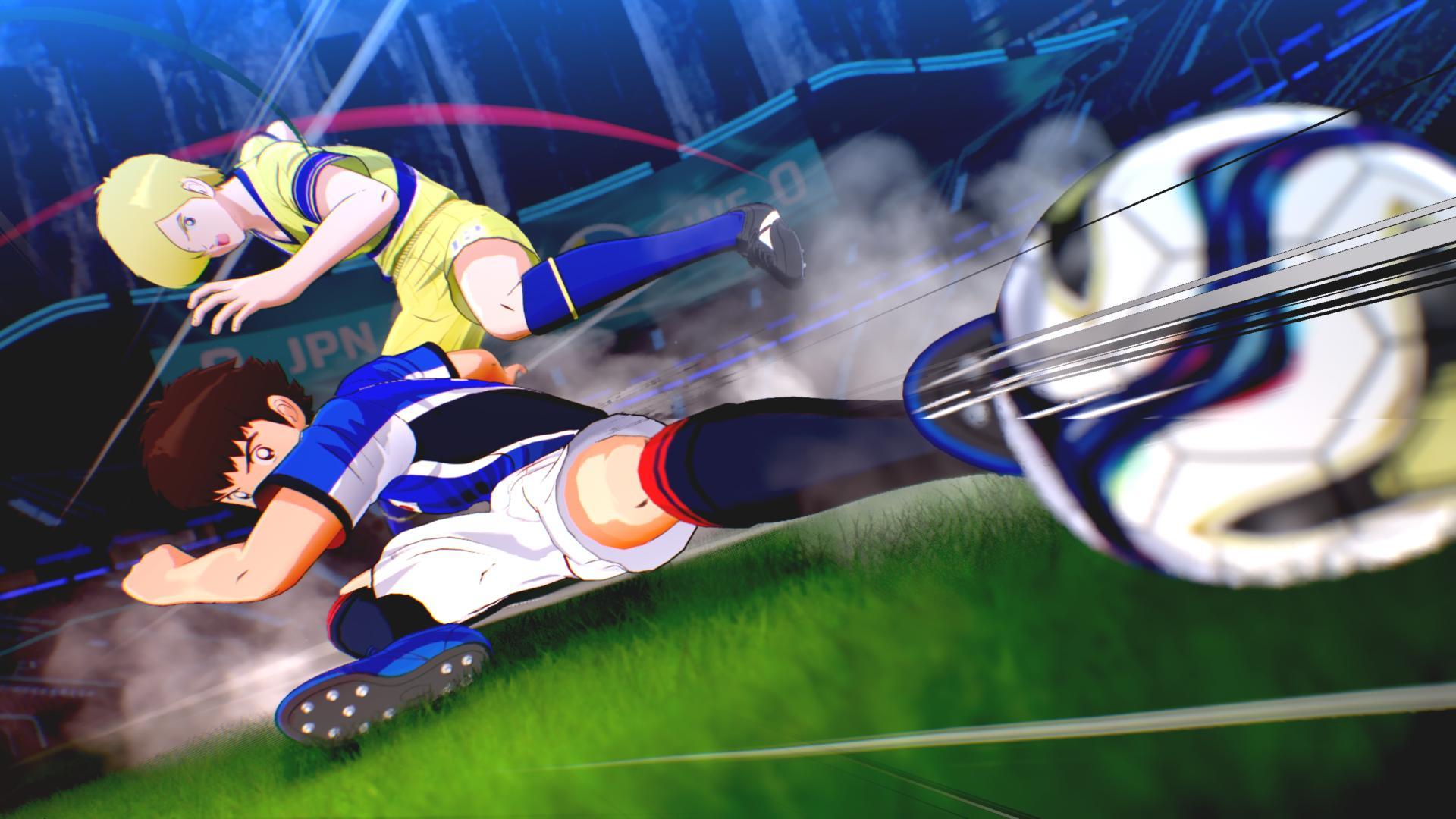 Anime-Fußballspieler in blauen und gelben Trikots spielen auf einem Stadionfeld mit einem bewegten Ball.