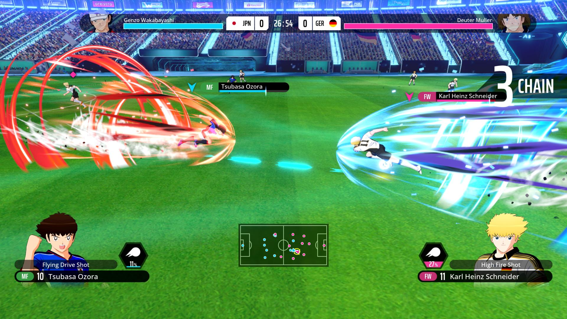 Anime-Fußballspiel mit Tsubasa Ozora und Karl Heinz Schneider, die Spezialschüsse auf einem Stadionfeld ausführen.