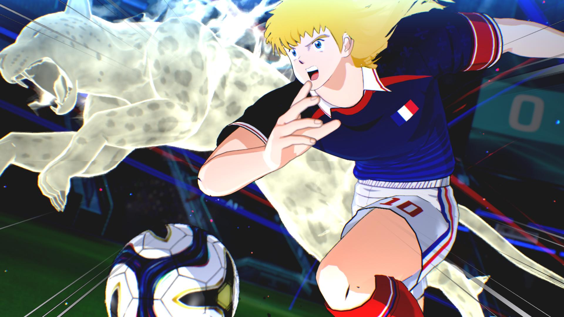 Anime-Fußballer in blauer Uniform rennt mit Ball, begleitet von einer transparenten Großkatze.