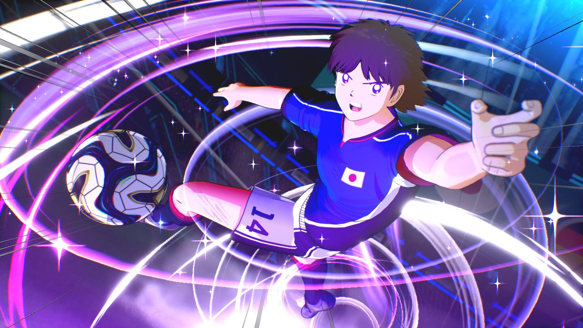 Ein Anime-Fußballspieler in blauer Uniform schießt einen Ball inmitten leuchtender lila und weißer Energieringe.